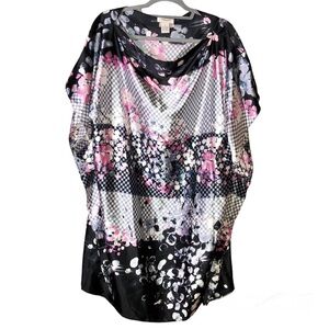 Vertigo Paris Floral Checker Caftan Kimono Blouse‎ Black Pink Size Medium
